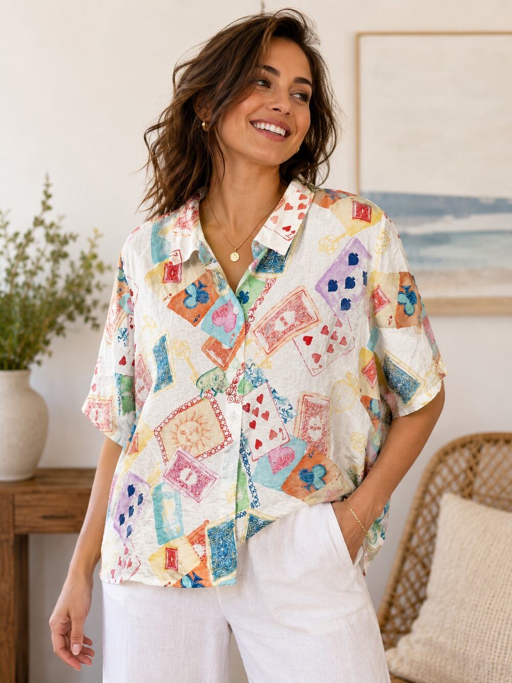 Autres Filles XL Playing Card Print Rayon Linen Button Up Shirt Colorful